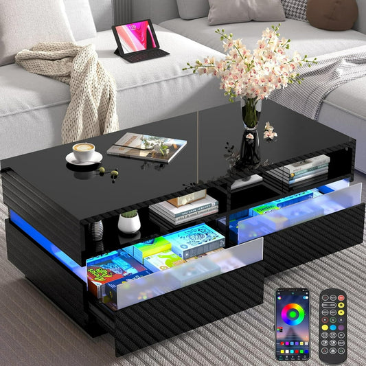 Modern LED Coffee Table W/ 2 Big Storage Drawers,High Glossy 2-Tier Black Coffee Table W/ 60000-Color LED Lights,App Control,Rectangle Center Table W/Open Shelf for Living Room Bedroom